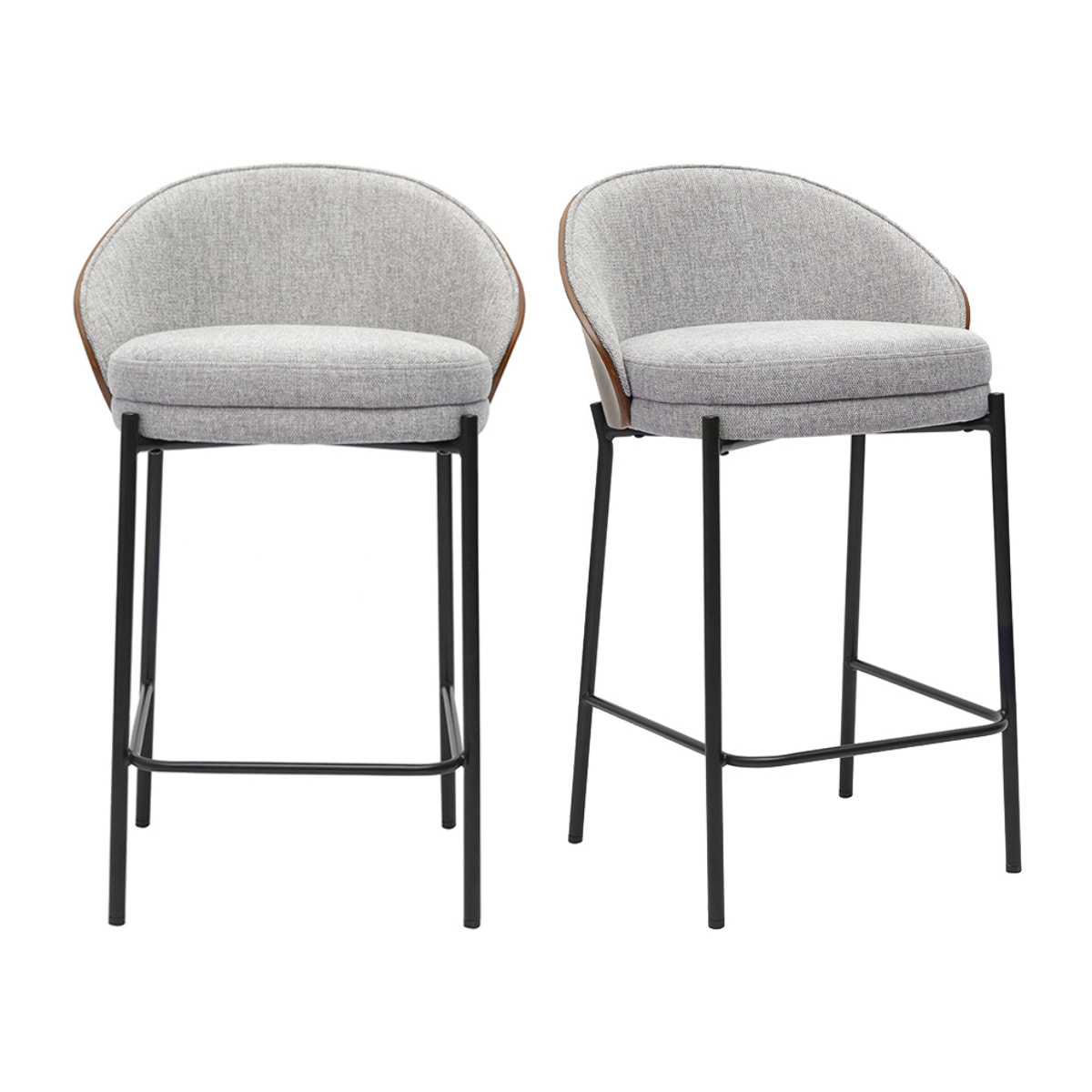 Tabourets de bar en tissu effet velours texturé gris, bois foncé et métal H65 cm (lot de 2) TUCSON