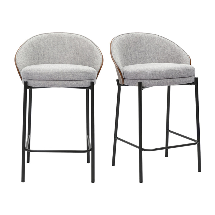 Tabourets de bar en tissu effet velours texturé gris, bois foncé et métal H65 cm (lot de 2) TUCSON