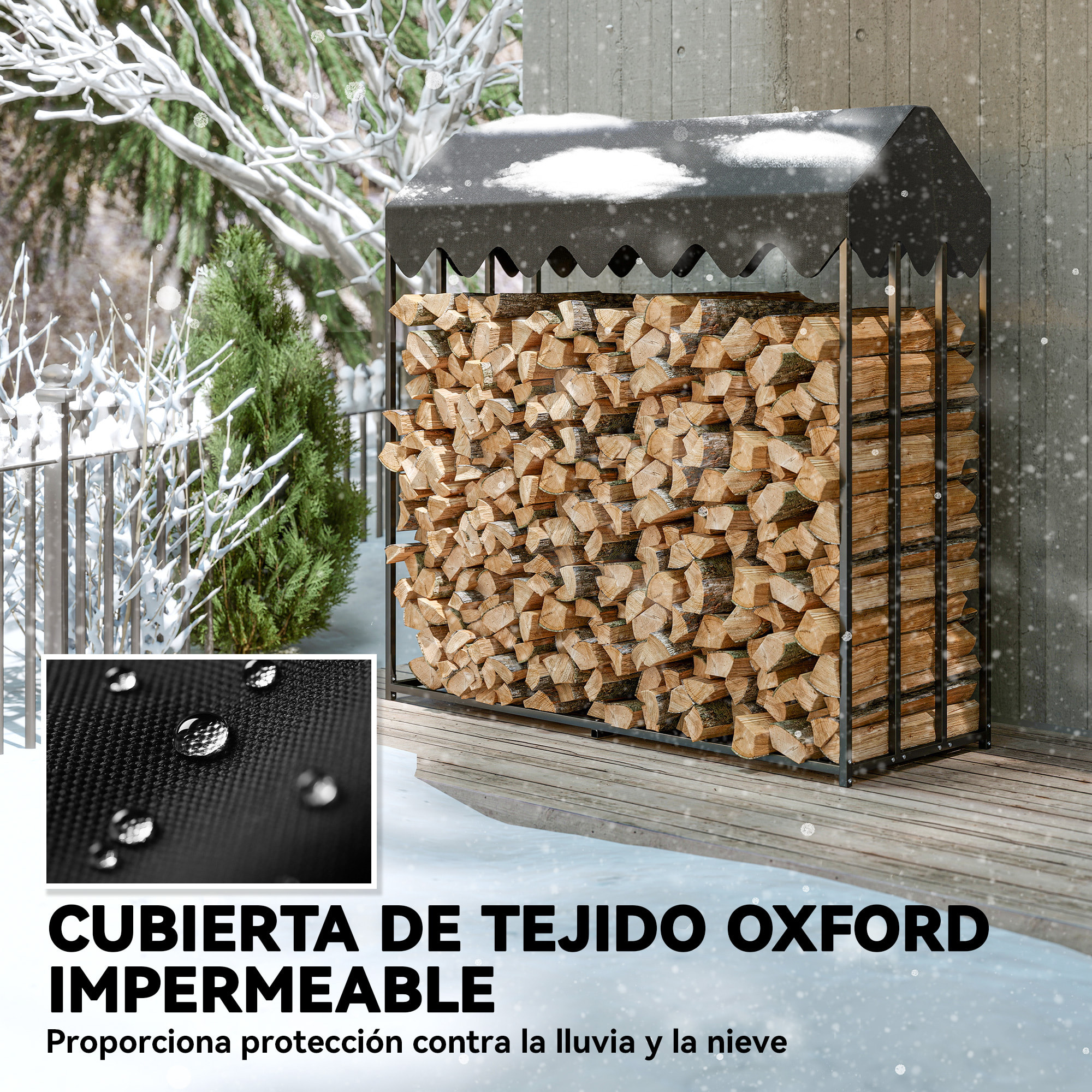 Estante de Leña Metálico, 186x70x185 cm, Leñero Exterior con Cubierta Impermeable 600D Oxford, Marco de Acero, Soporte para Leña de Chimenea, Carga 300 kg, para Jardín, Terraza