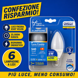 OMEGA Set 6 lampadine candela led 6W E14 6500K