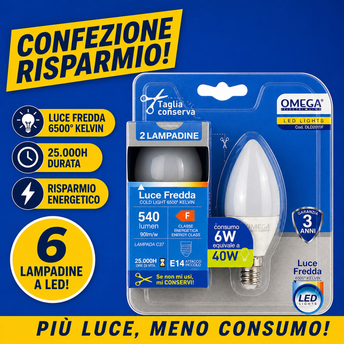 OMEGA Set 6 lampadine candela led 6W E14 6500K