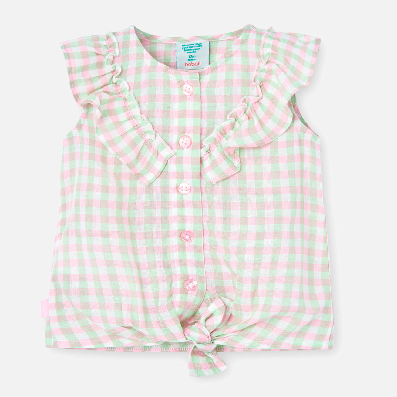 Blusa niÃ±a, viscosa estampada, cuadros, verde, mangas cortas