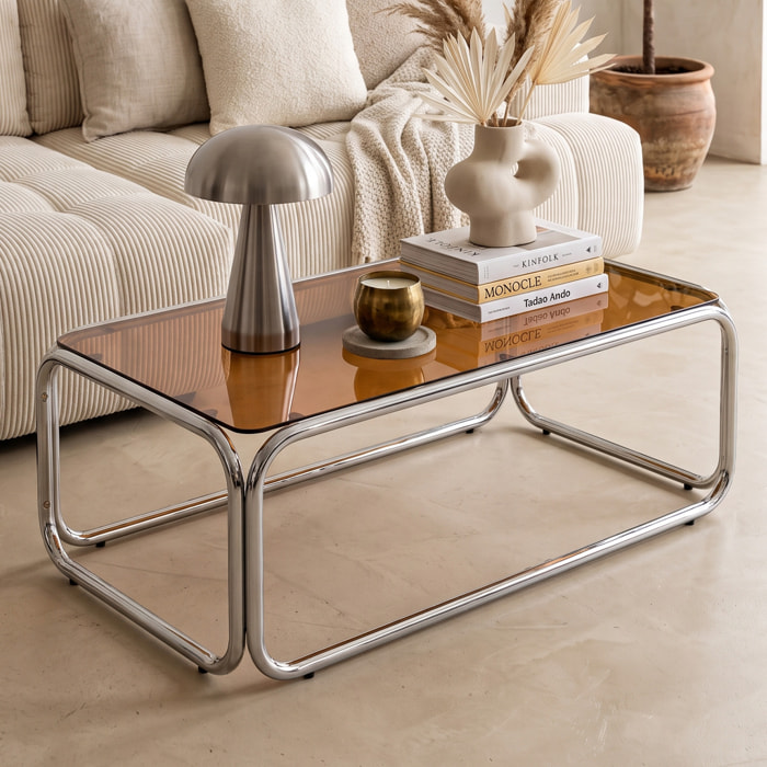 Table basse rectangulaire en acier chromé et verre trempé caramel - SPRITZ