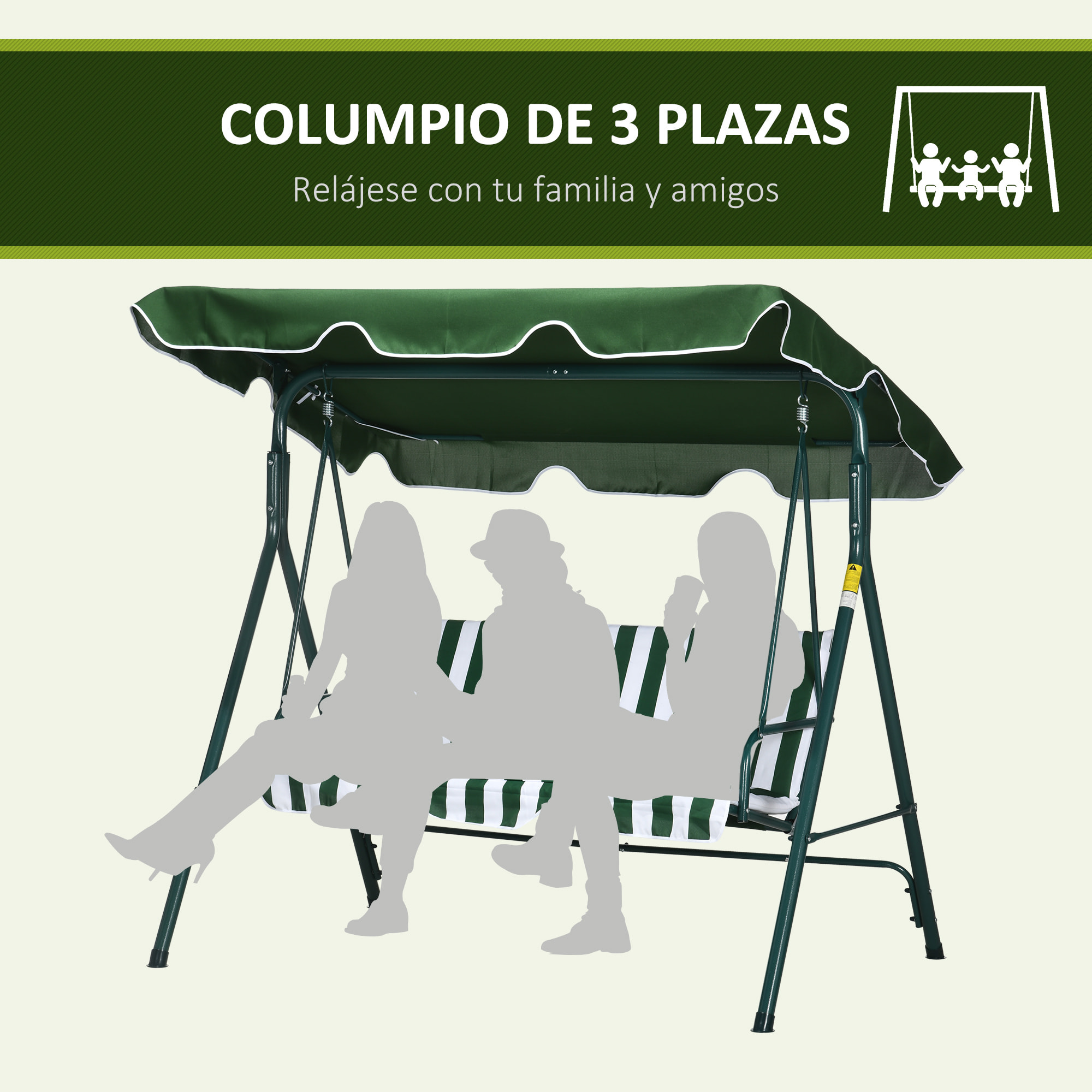 Columpio Balancín de Jardín Exterior de 3 Plazas con Cojín Techo Ajustable y Marco de Acero para Balcón Terraza Patio Carga Máx. 300 kg 172x110x153 cm Raya Verde