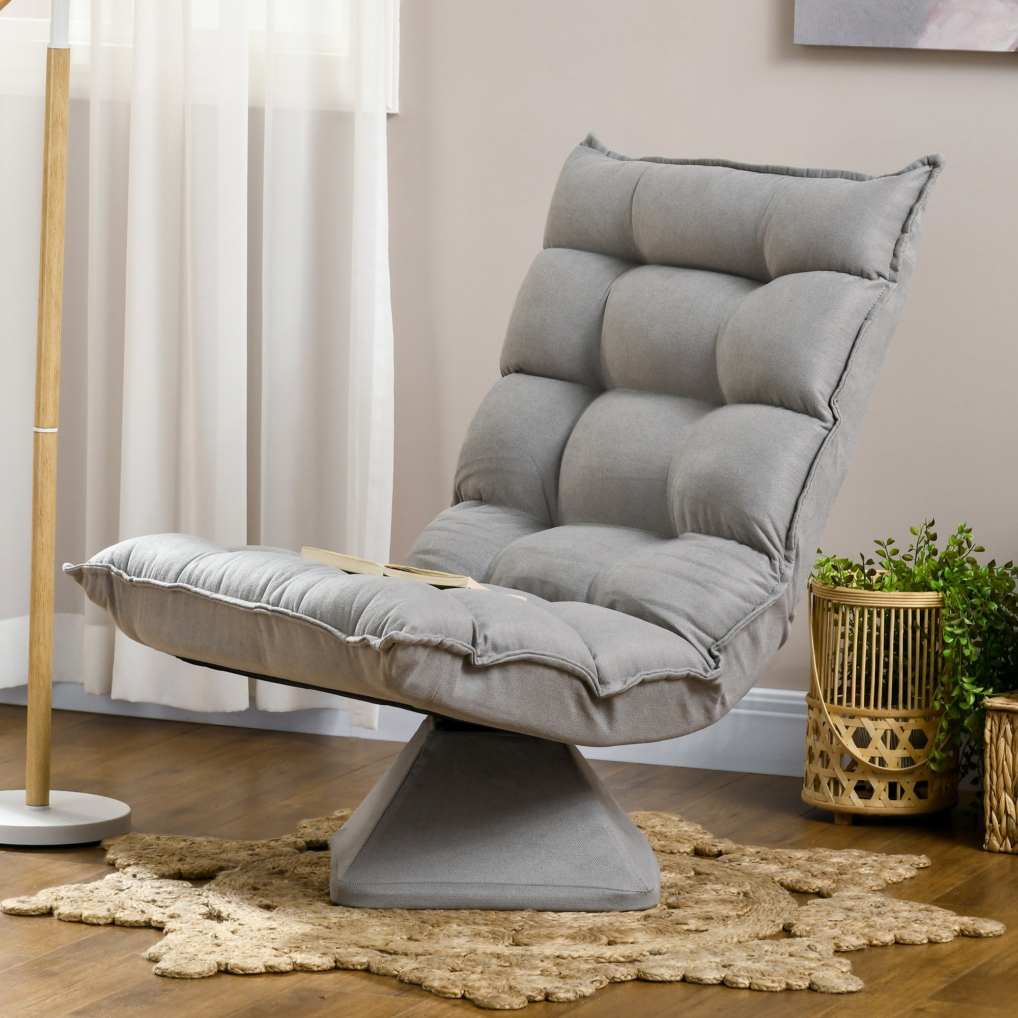 Fauteuil relax grand confort pivotant inclinaison réglable 5 niv. épais garnissage mousse haute densité tissu velours microfibre gris clair