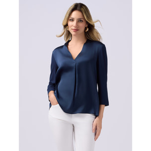 Oltre - T-shirt bimaterica con scollo a V - Blu