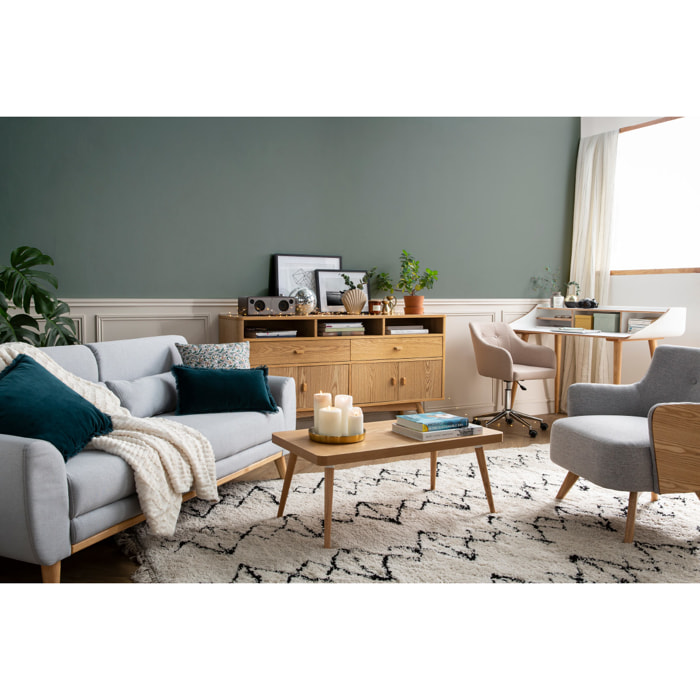 Canapé scandinave 3 places en tissu gris foncé et bois clair EKTOR