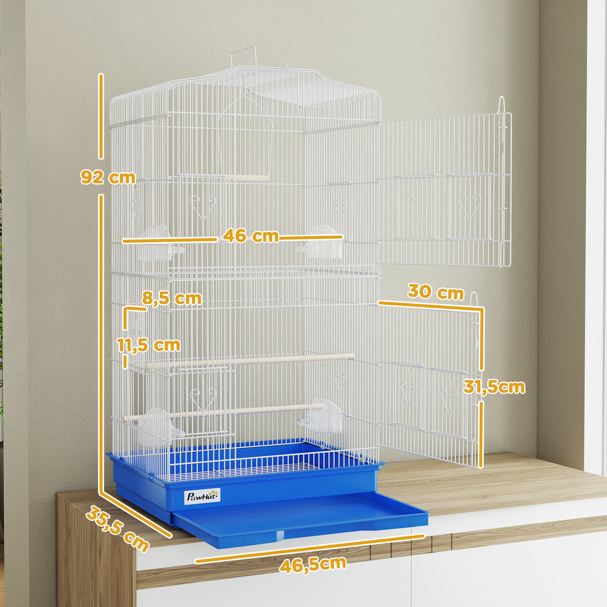 Jaula para Pájaros, Jaula de Metal para Pájaros con Puertas, 4 Comederos, 3 Perchas, Columpio, Bandeja Extraíble y Asa de Transporte, para Loro, Canario, Periquito, 46,5x35,5x92 cm, Azul