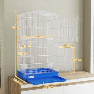 Jaula para Pájaros, Jaula de Metal para Pájaros con Puertas, 4 Comederos, 3 Perchas, Columpio, Bandeja Extraíble y Asa de Transporte, para Loro, Canario, Periquito, 46,5x35,5x92 cm, Azul