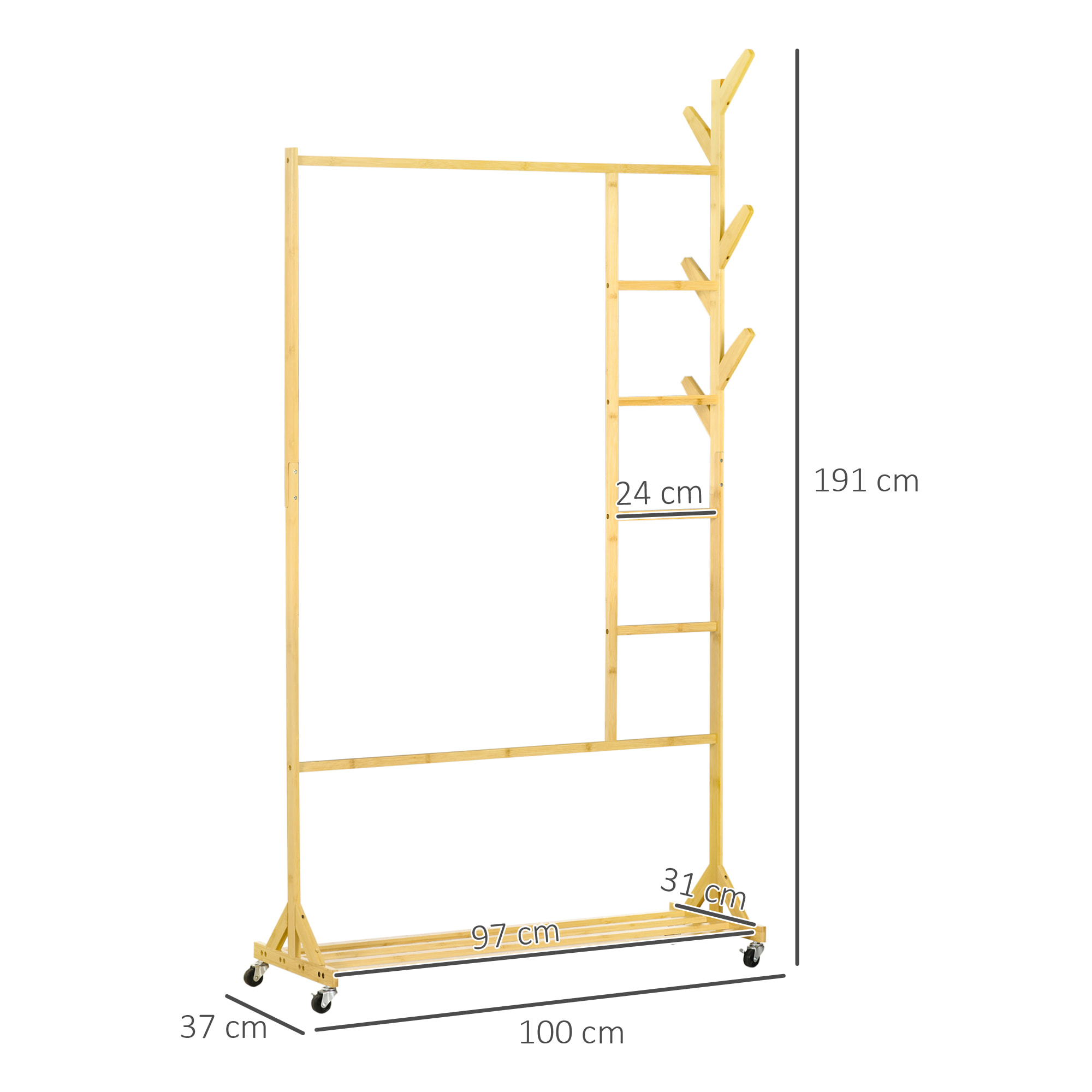 Perchero de Pie de Bambú con Ruedas Perchero de Madera Multifuncional con 6 Ganchos Barra y Estante para Pasillo Entrada Dormitorio 100x37x191 cm Natural