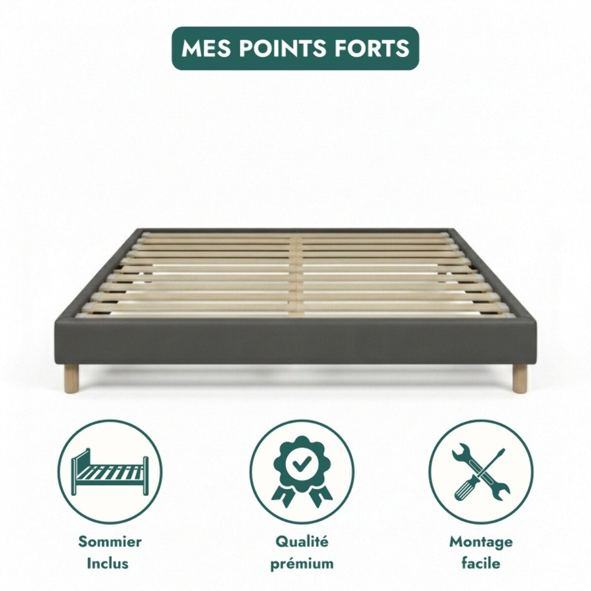 Lit Cancun | Cadre à lattes | Robustesse et confort | Montage simple rapide | Simili cuir | Gris
