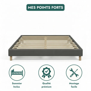 Lit Cancun | Cadre à lattes | Robustesse et confort | Montage simple rapide | Simili cuir | Gris