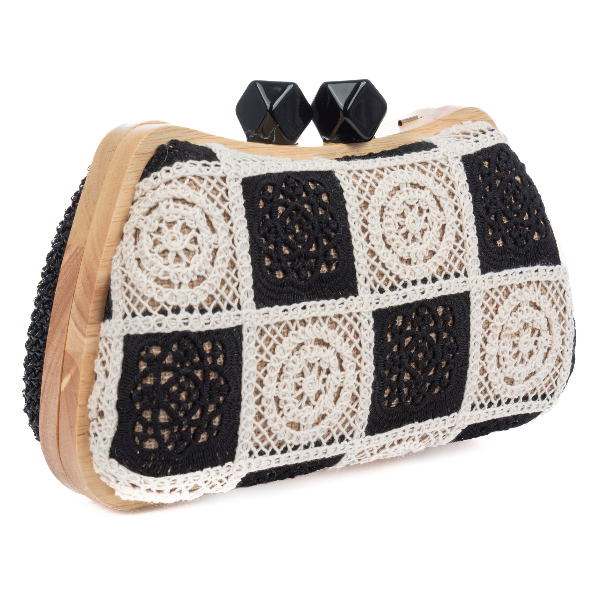Bonamico Bolso bandolera Mujer. Fabricado en madera natural, algodón y paja trenzada.