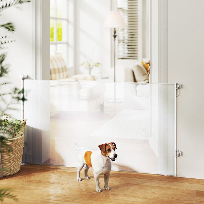 Barrière de sécurité chien rétractable 0-140 cm H.86 cm verrouillage auto alu PVC blanc