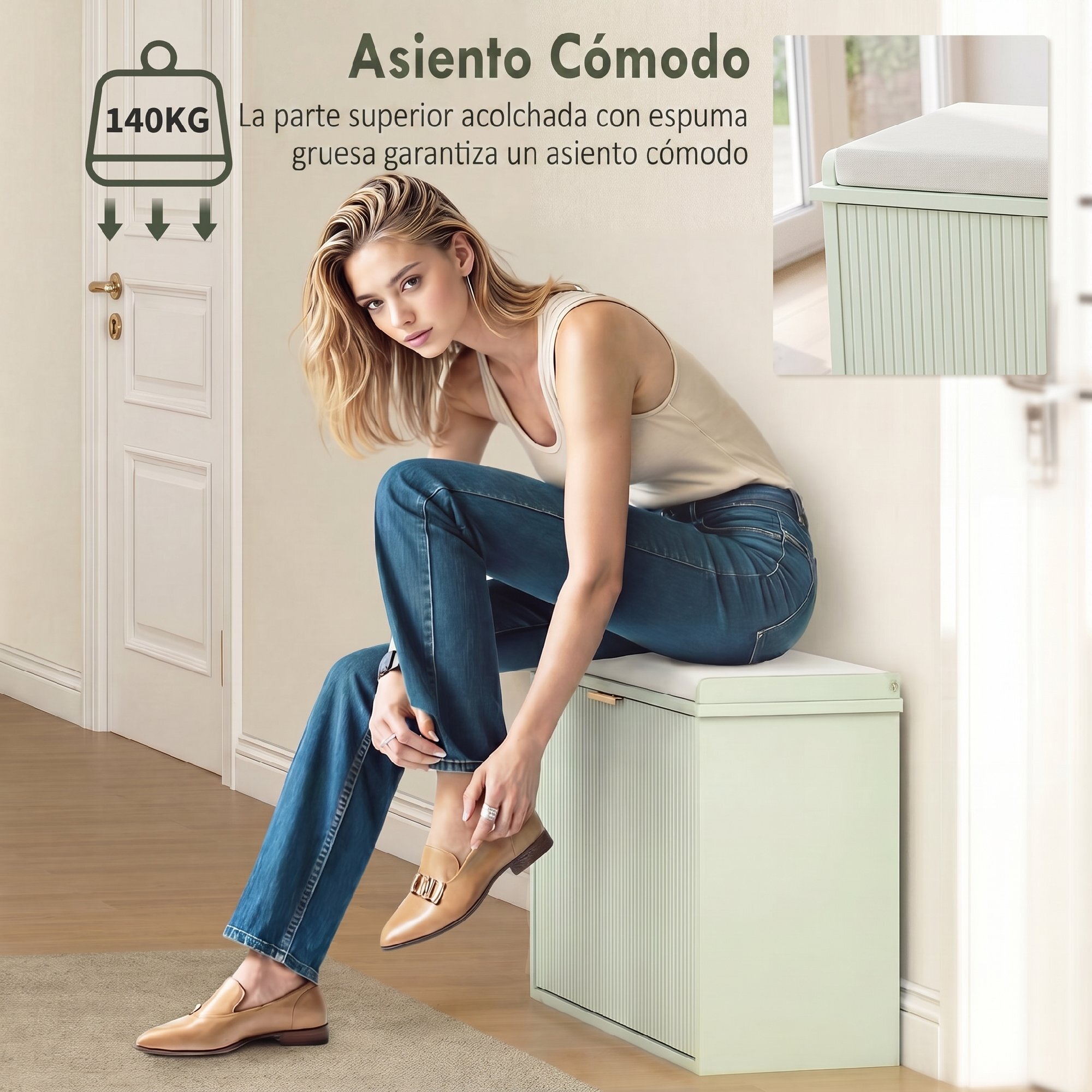 Banco Zapatero Estrecho, Banco Recibidor con Asiento Acolchado, Cajón Abatible y Estante Ajustable, para 8 Pares de Zapatos, para Entrada, Dormitorio, 80x26x47,5 cm, Verde Claro
