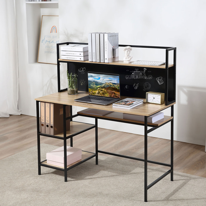 Bureau informatique design industriel 4 étagères grand plateau et panneau noir métal aspect chêne clair