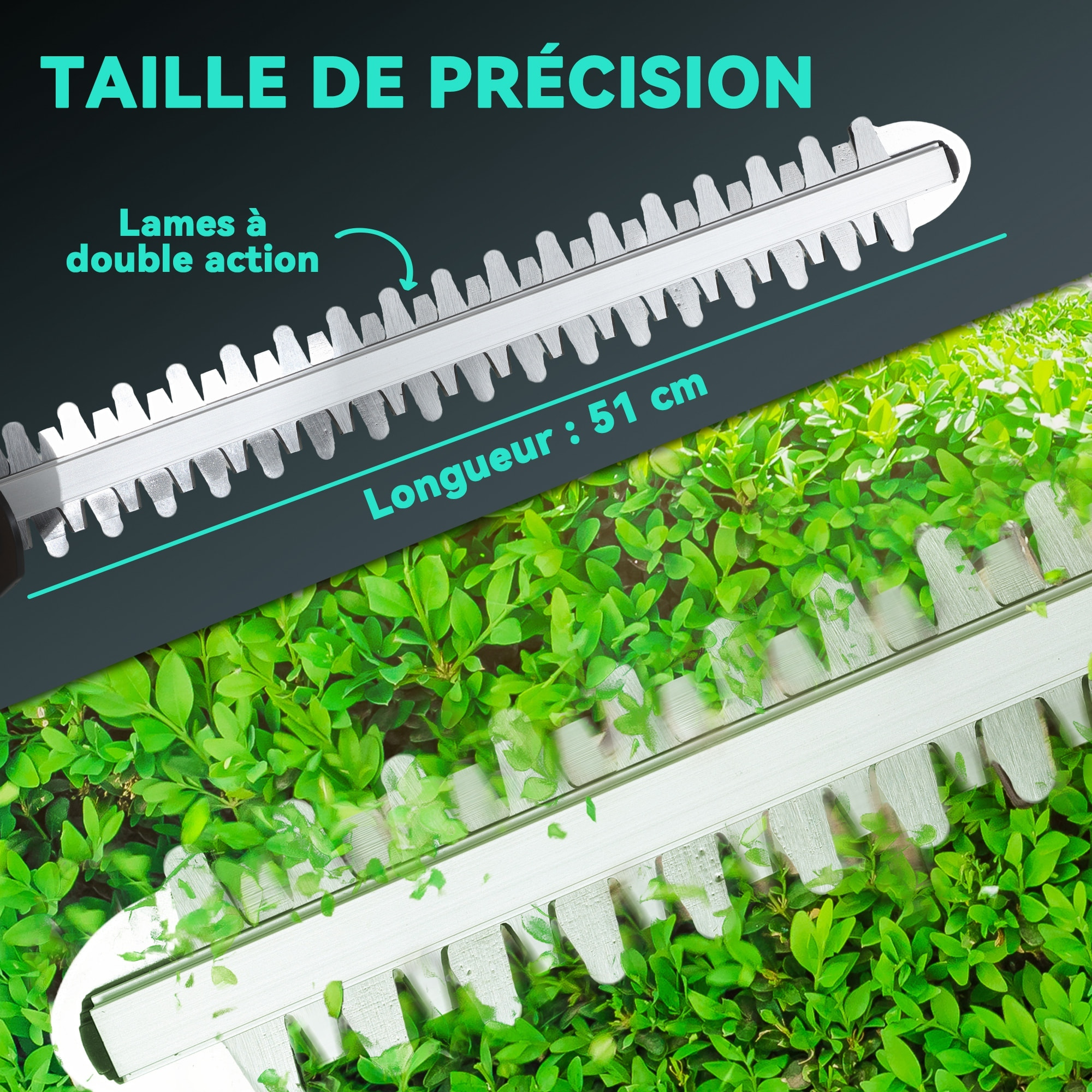 Taille-haies sans fil 18V 2 batteries 3 Ah fournies lame asymétrique double action 51 cm - kit complet bleu