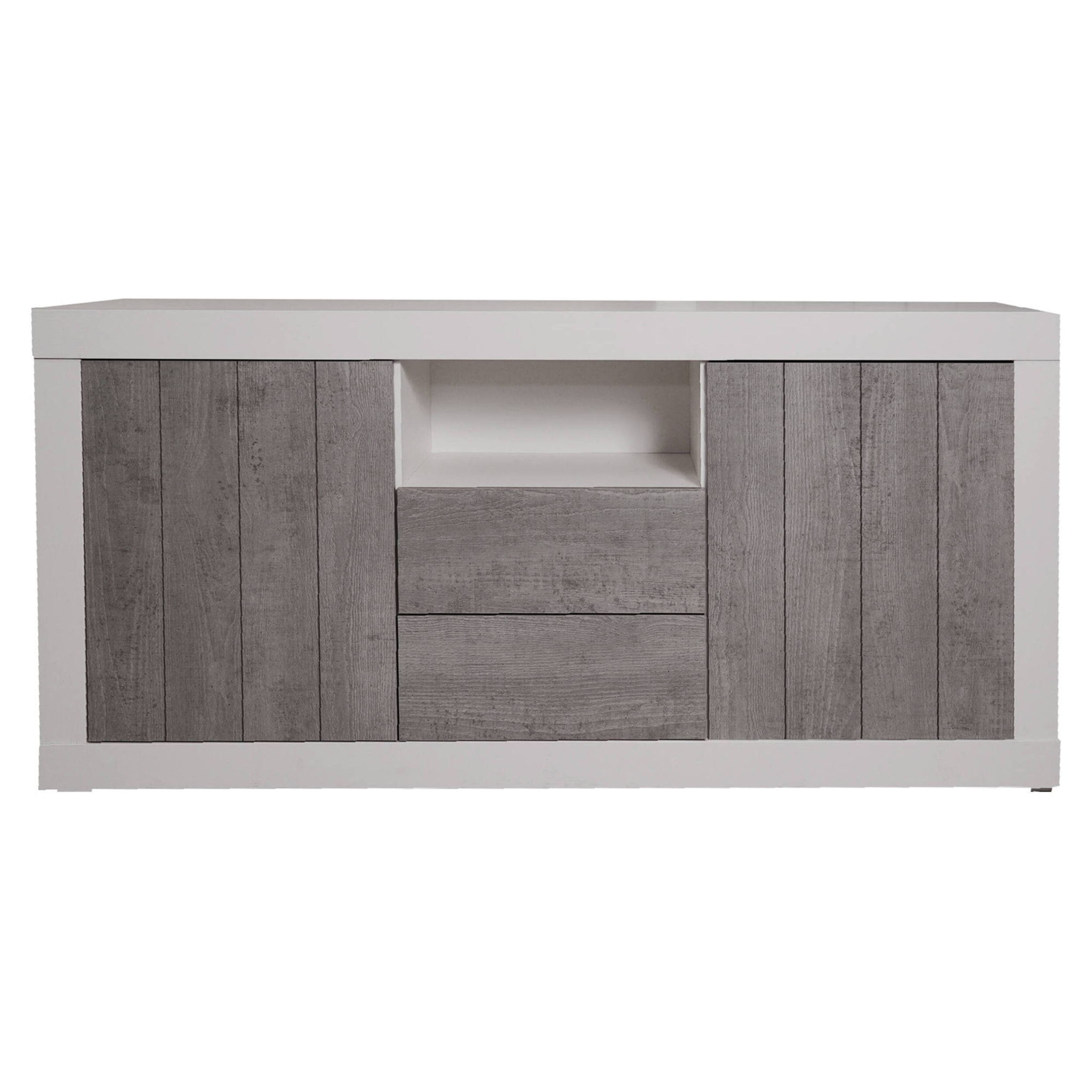 Credenza moderna a 2 ante, Buffet da cucina, Madia con scaffali, Mobile da soggiorno Porta TV, cm 185x44h86, colore Bianco e Cemento