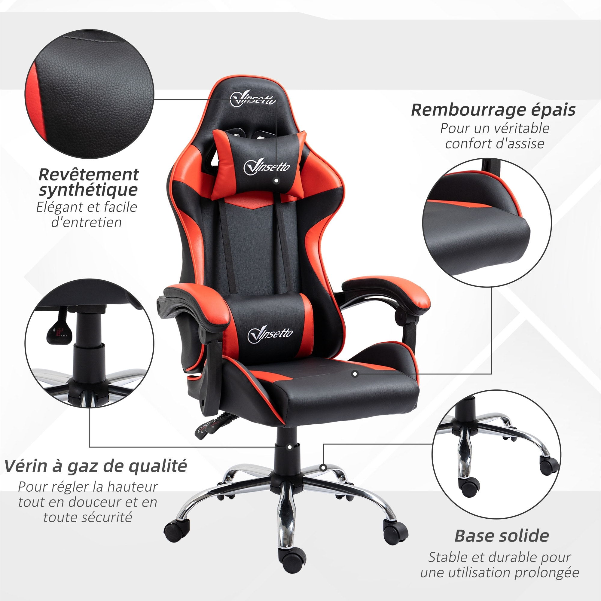 Fauteuil de bureau gamer style baquet racing - pivotant, inclinable - coussins tétière et lombaires inclus - revêtement PU rouge noir