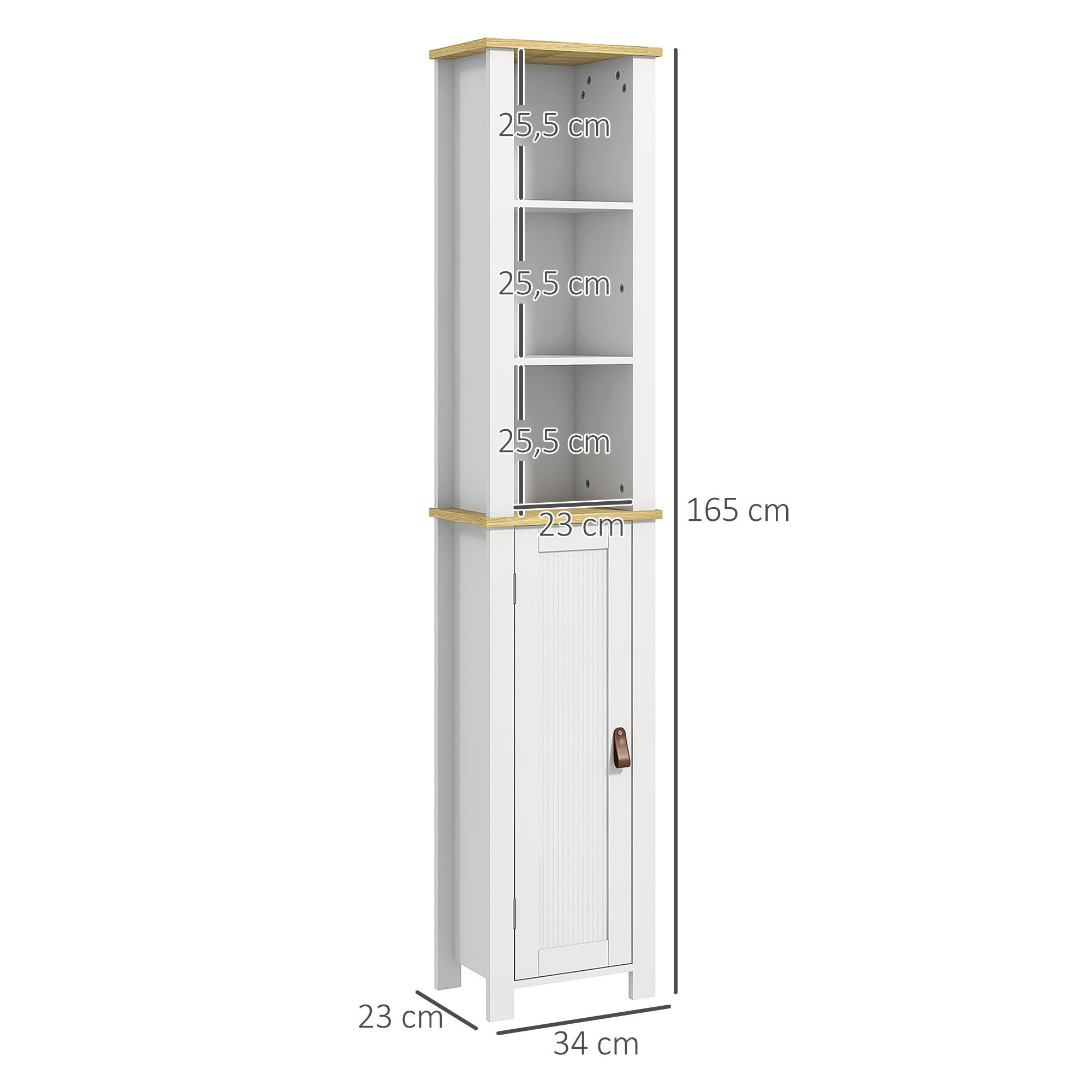 kleankin Mueble Auxiliar de Baño Columna de Baño Armario de Baño con Estantes Abiertos Puerta y Estante Ajustable Diseño Anti-vuelco 34x23x165 cm Blanco