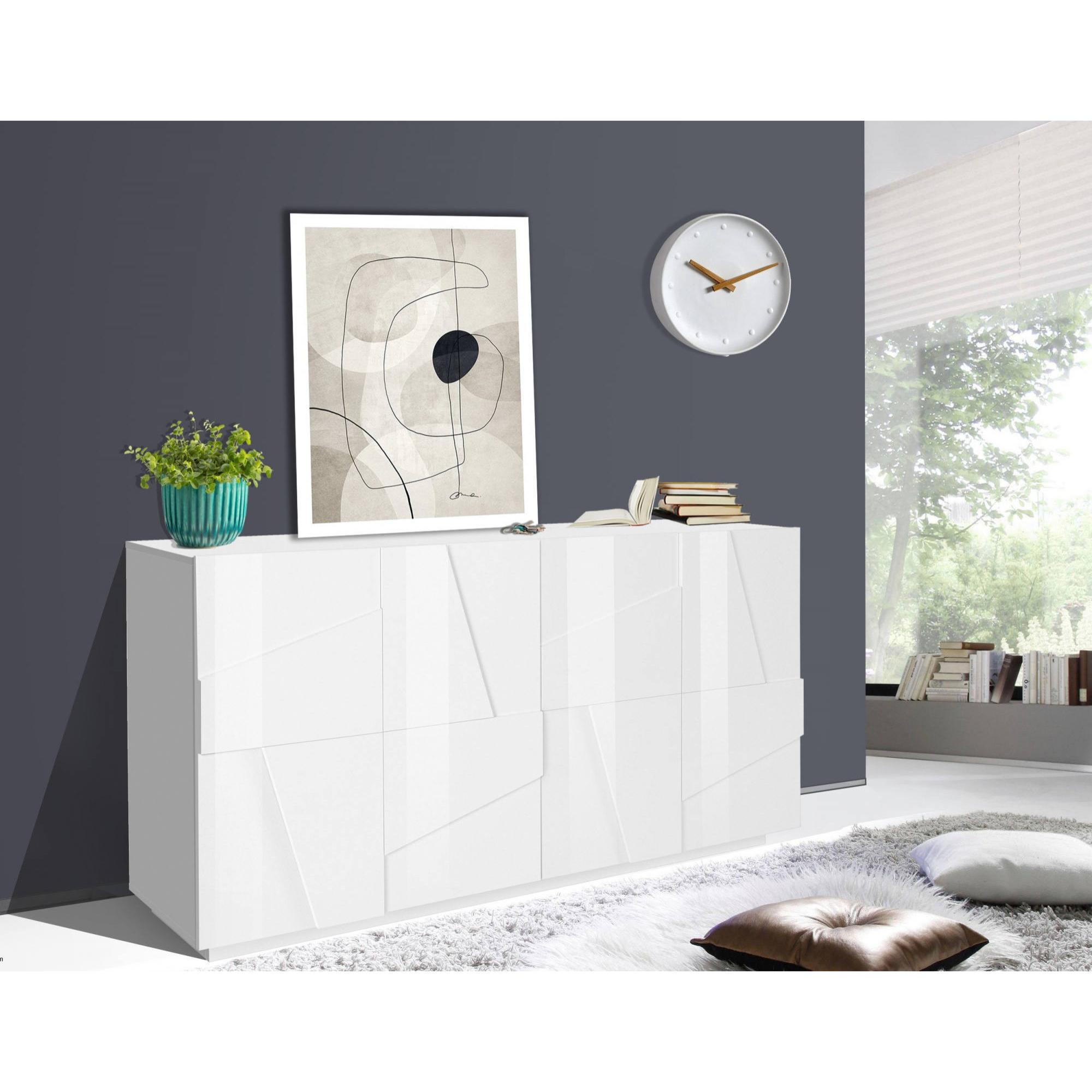 Credenza moderna a 4 ante, Made in Italy, Madia da cucina, Buffet di design da soggiorno, cm 162x44h86, colore Bianco lucido