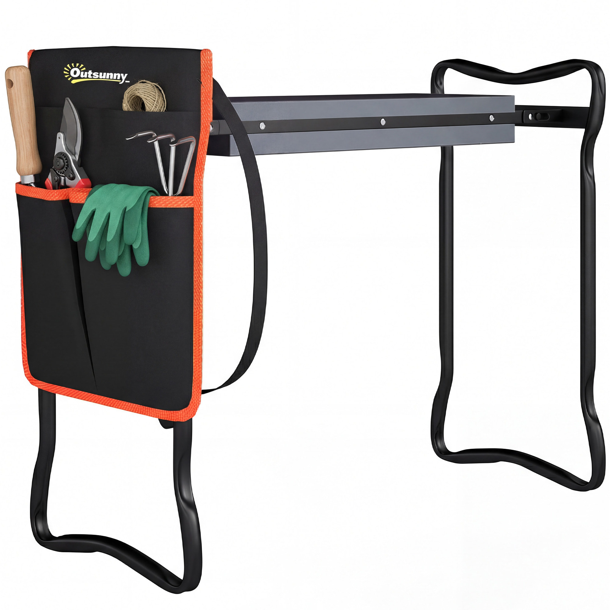 Taburete de Jardín Plegable con Almohadilla de Espuma EVA, Asiento de Jardín Portátil con Bolsa para Herramientas en Cintura, Carga 150 kg, Regalo para Jardineros, Ancianos, Negro