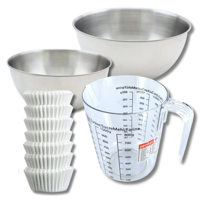 Set pâtisserie avec 240 moules à muffins en papier, 2 bols à mixer, verre mesureur et spatule Zenker