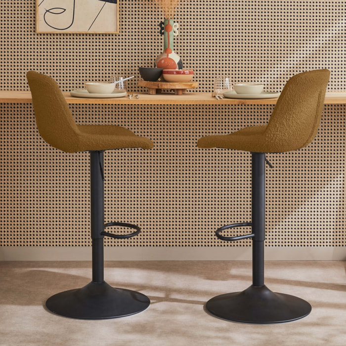 Lot de 2 tabourets de bar réglables - Noah - bouclette texturée moutarde - hauteur réglable 60.5/81.5cm . repose-pieds