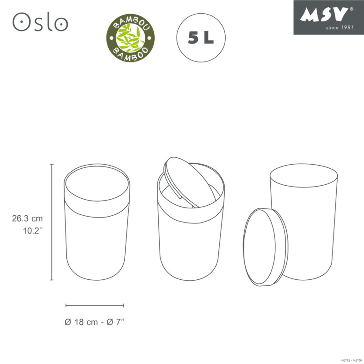 poubelle à  bascule PP & Bambou OSLO 5L Noir MSV