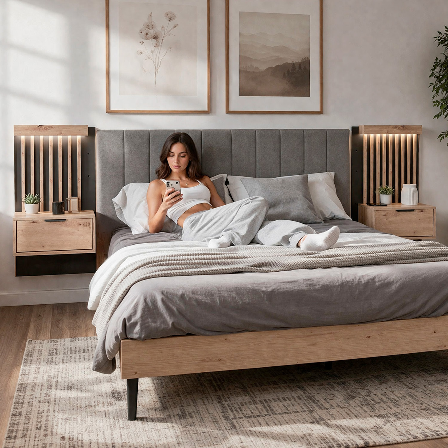 Set 2 Comodini Moderni Con Cassetto Comodino Camera Da Letto Design Salvaspazio In Laminato Resistente Florina 50 x 39,6 x 104 cm Rovere e Antracite