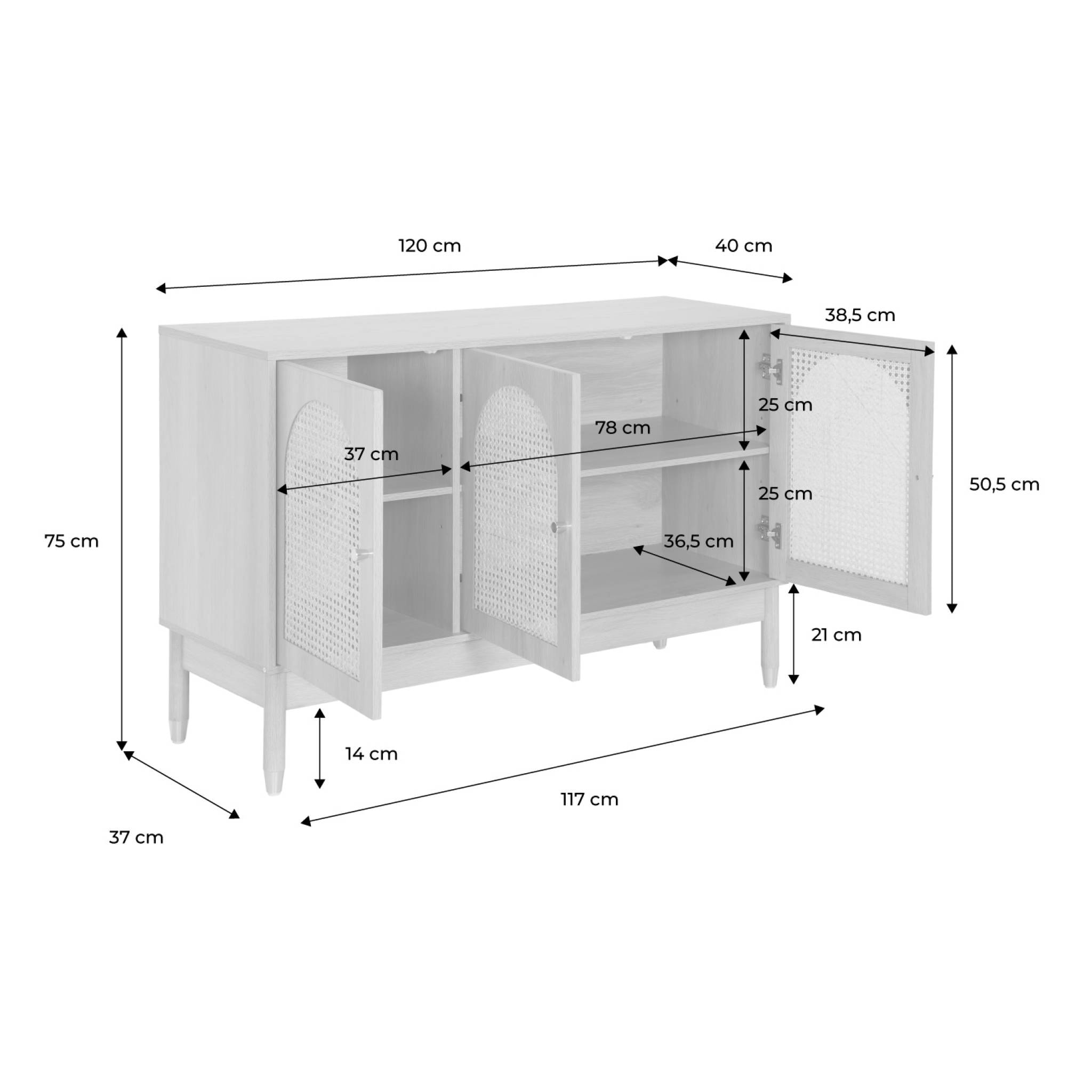 Buffet décor bois et cannage 3 portes teinte naturelle 120 x 40 x 75 cm - Judith