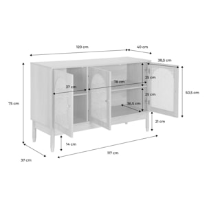Buffet décor bois et cannage 3 portes teinte naturelle 120 x 40 x 75 cm - Judith