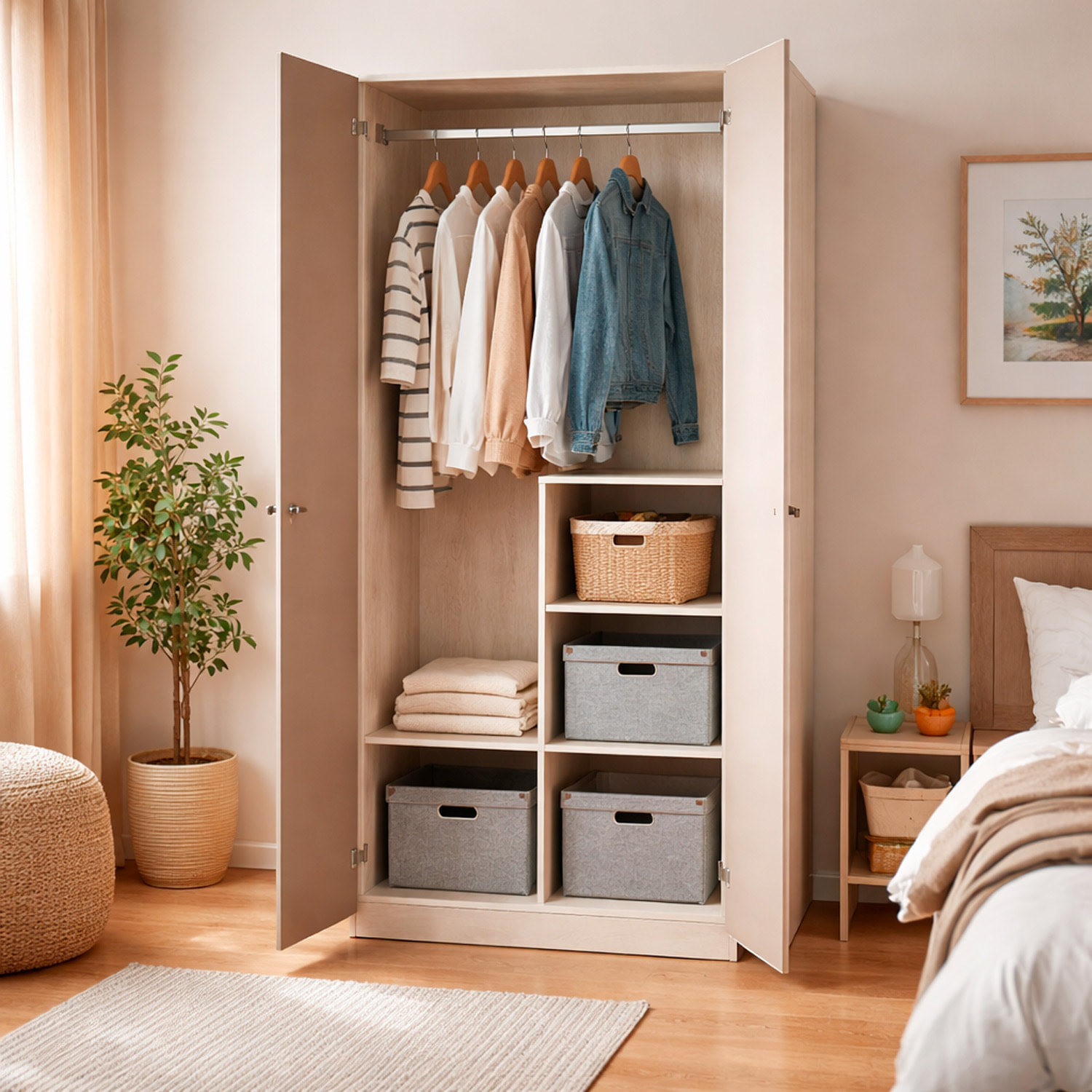 Armadio 2 Ante Battenti Barra Appendiabiti E 4 Scomparti Design Moderno Minimal Giovanile Per Cameretta 90 x 200 x 52 Cm Colore Beige E Rovere
