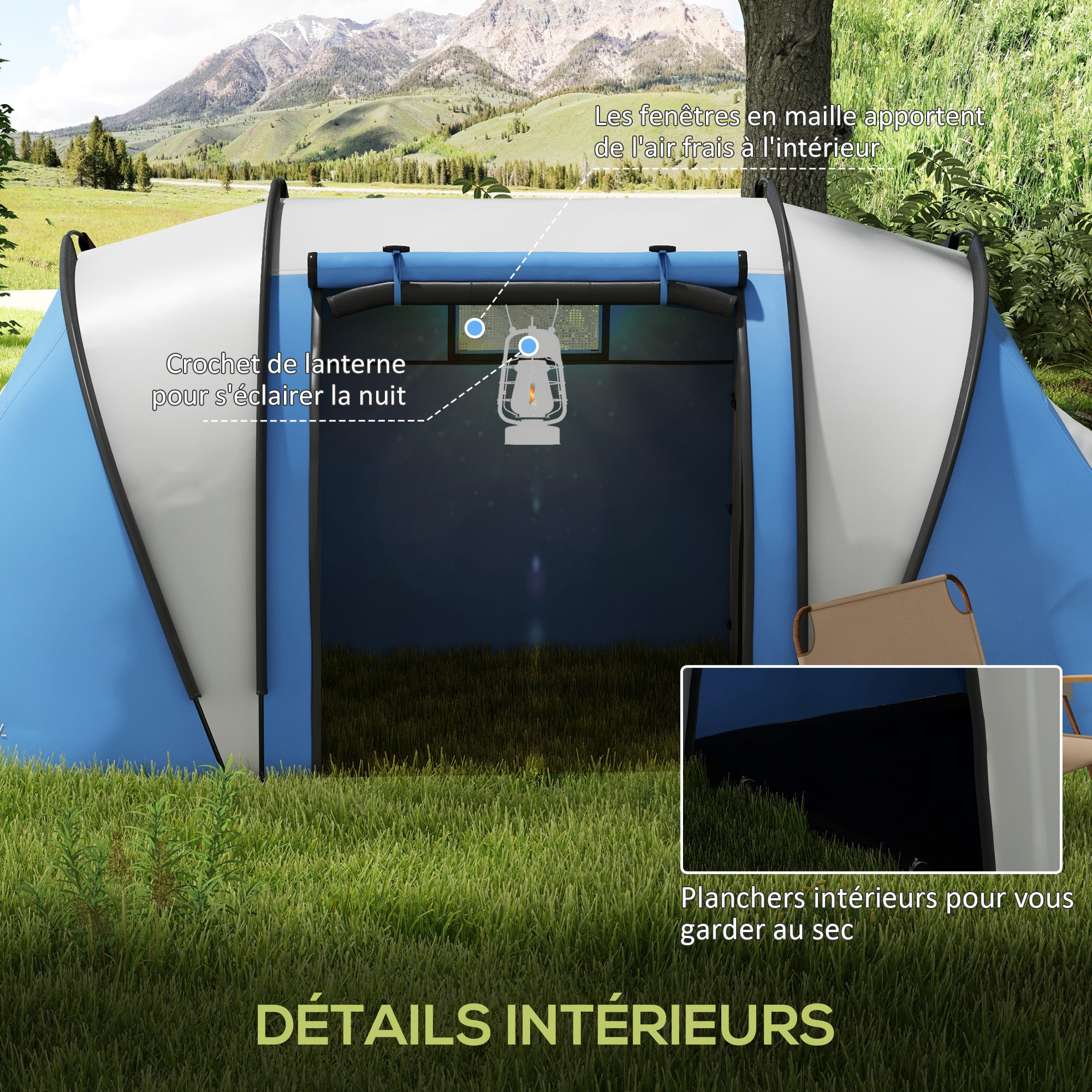 Tente de camping familiale 4-5 pers. 2 chambres 3 fenêtres sac bleu