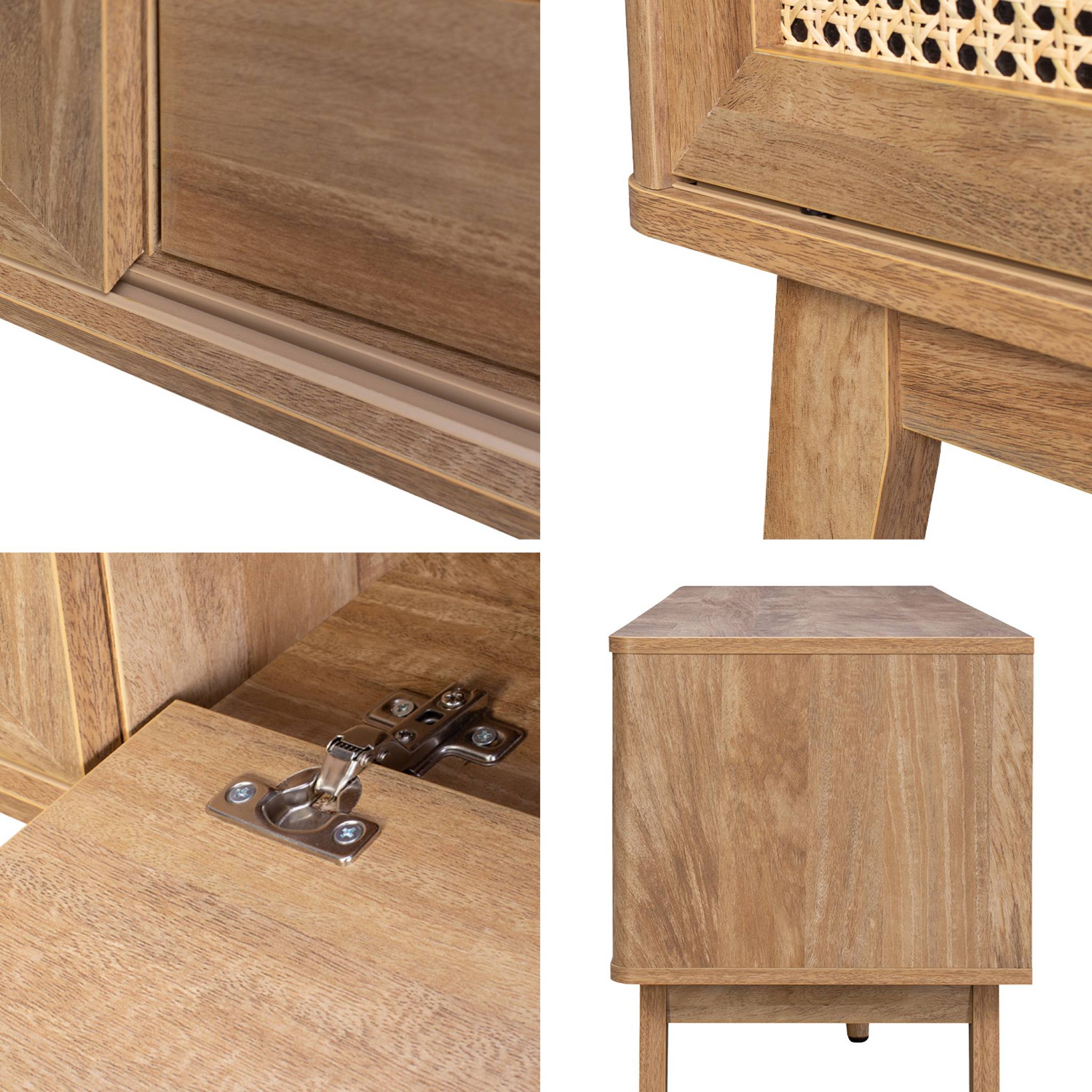 Meuble TV portes coulissantes. casier fermé. étagère effet bois et cannage 150cm