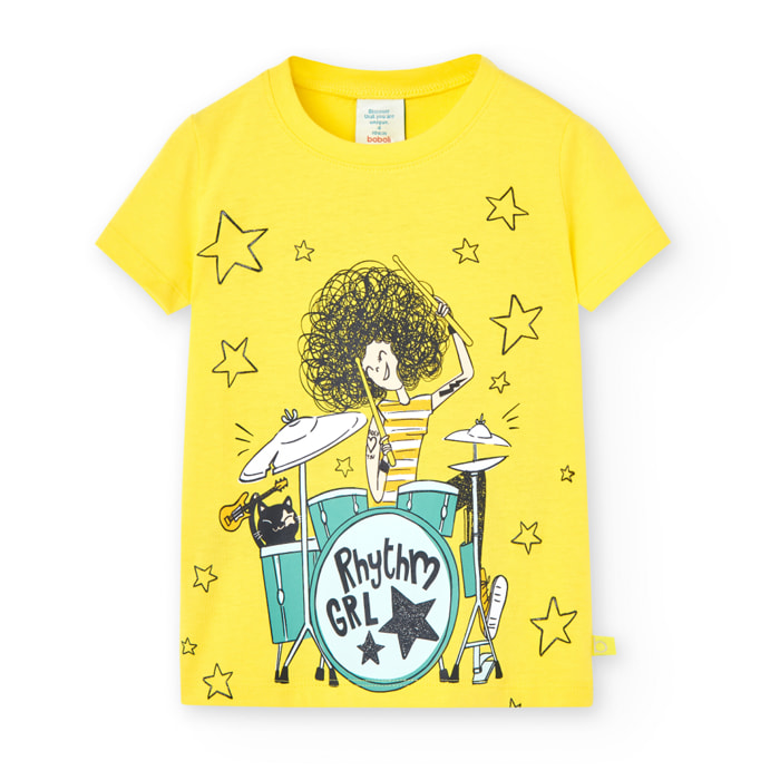 Camiseta bÃ¡sica niÃ±a, algodÃ³n, estampado, amarillo, mangas