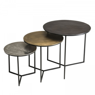 JONAS - Set de 3 tables gigognes rondes aluminium noir doré argenté - pieds métal noir