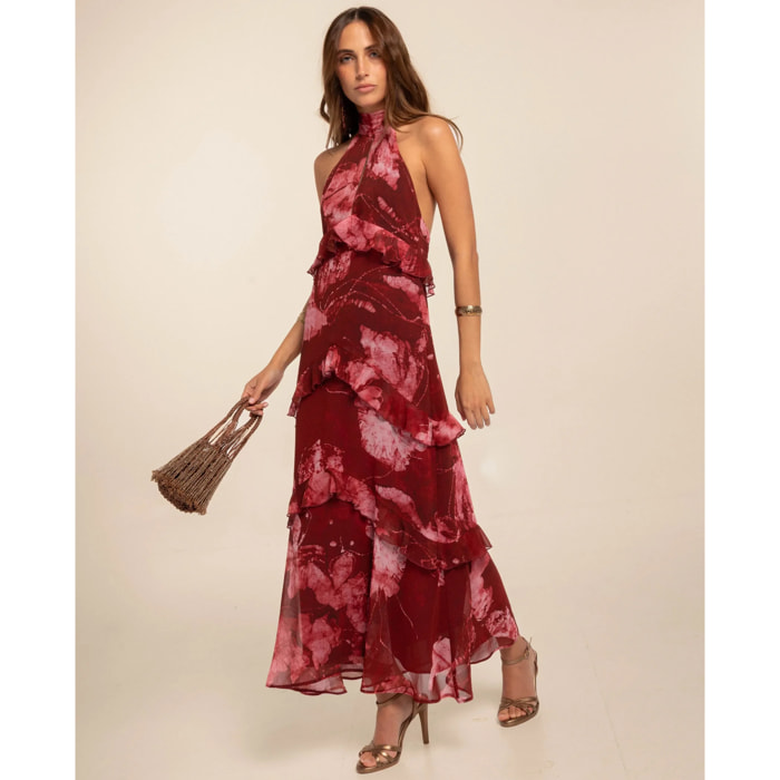 Vestido midi sin mangas con cuello chimenea y volantes
