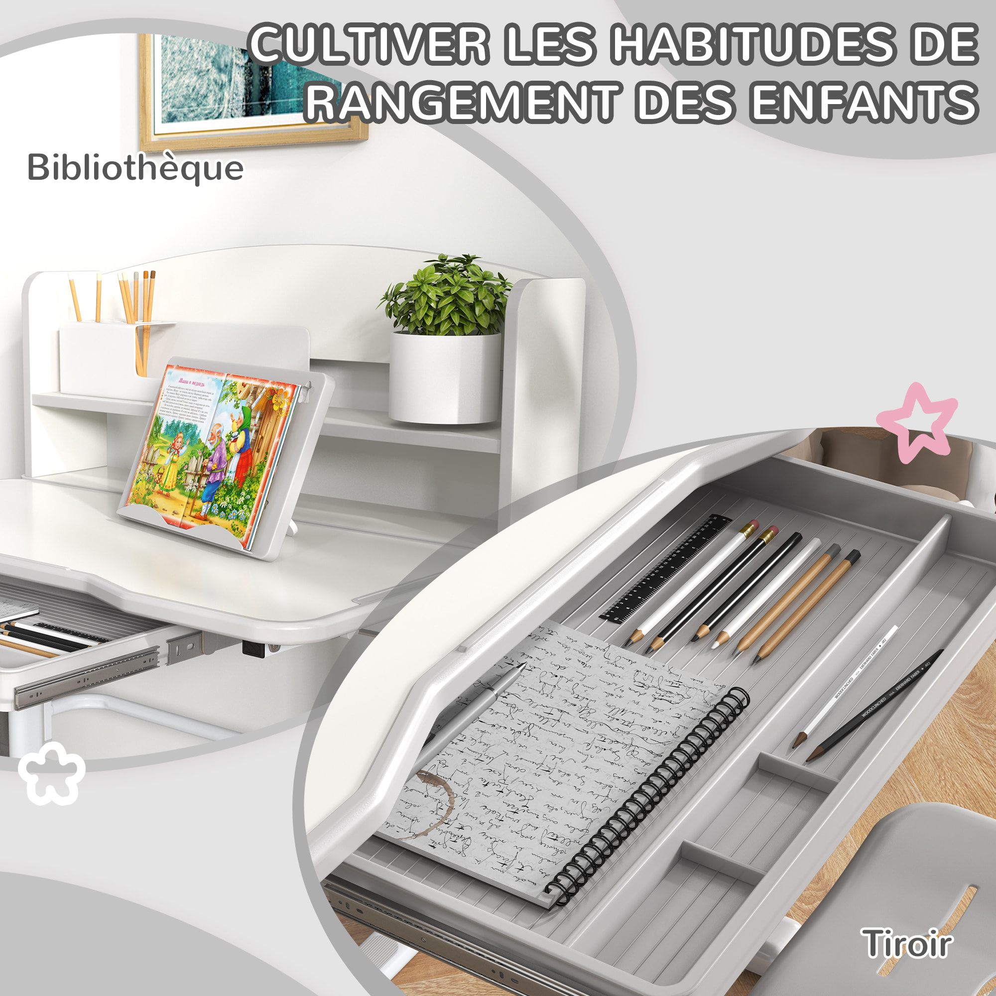 Bureau enfant avec chaise - ensemble bureau et chaise réglable - support lecture, tablette, étagère - gris blanc