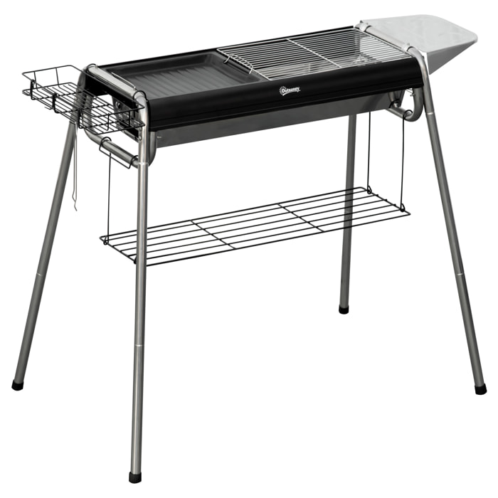 Barbacoa de Carbón Barbacoa Portátil con Parrilla de Acero Inoxidable Bandeja Especiero y Estante de Almacenamiento para Jardín Camping 107x63x75 cm Negro