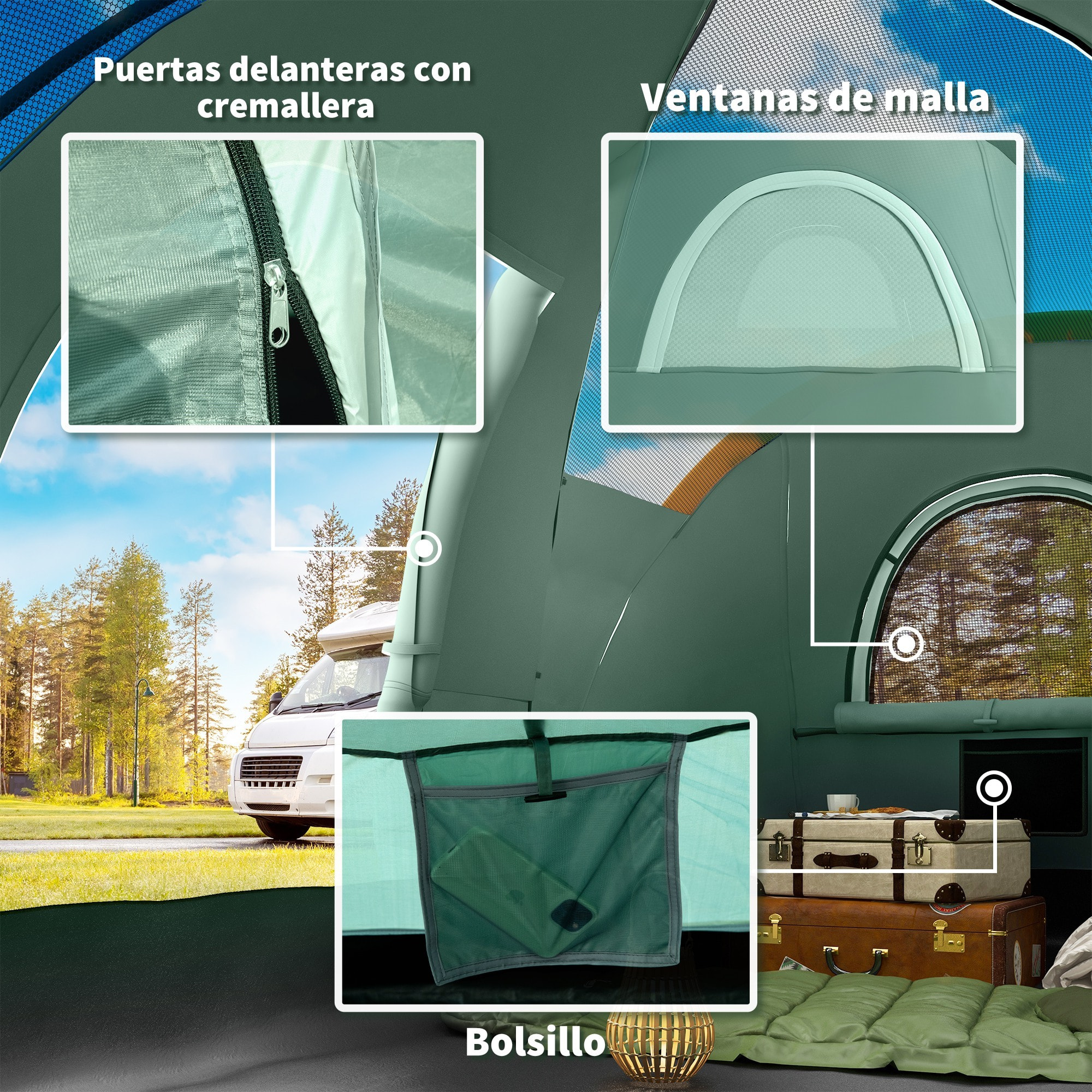 Tienda de Campaña Familiar para 5-6 Personas Tienda de Acampada de Túnel Impermeable 3000mm+ Tienda de Camping con Bolsa de Transporte y Gancho para Pescar Senderismo 455x230x180 cm Verde