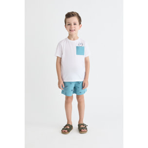 Conjunto de camiseta con bolsillo y dibujo de perrito y shorts con estampado playero tropical | Color: Turquesa | Street Monkey