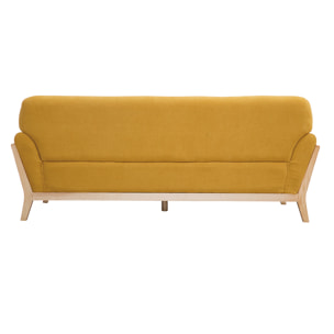 Canapé scandinave 3 places en tissu effet velours jaune moutarde et bois clair YOKO