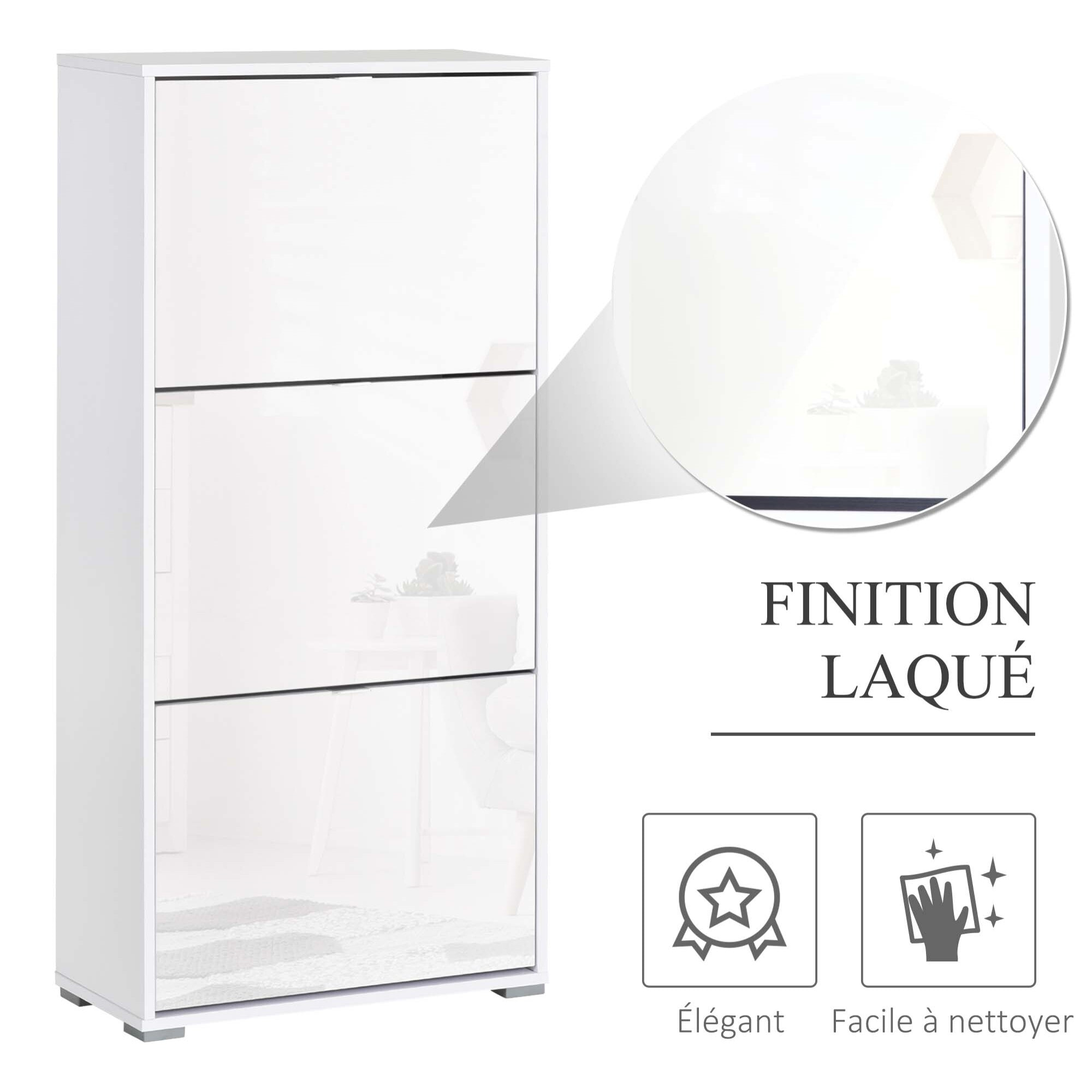 Meuble à chaussures 3 portes abattantes 3 compartiments MDF blanc laqué