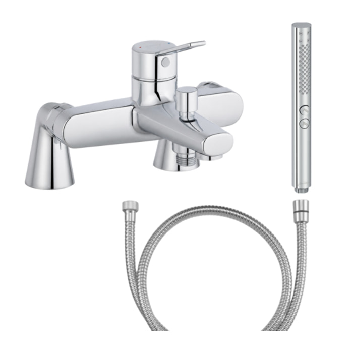 Mitigeur baignoire Eo + pommeau de douche Shift+ rond + flexible de douche métal + colonnettes