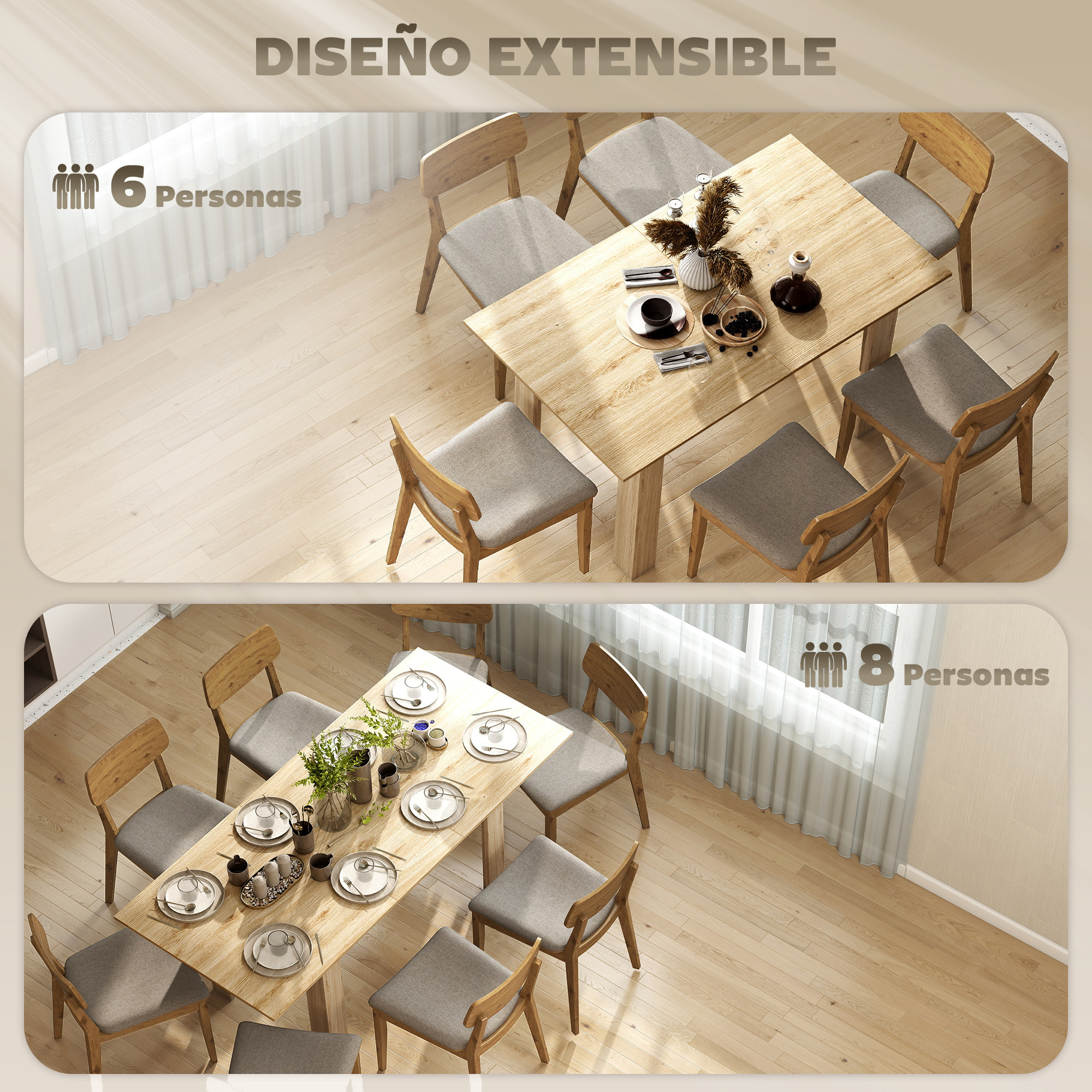 Mesa de Comedor Extensible de 140 a 180 cm Mesa de Cocina Extensible Rectangular para 6-8 Personas para Salón 140-180x90x75 cm Madera Natural