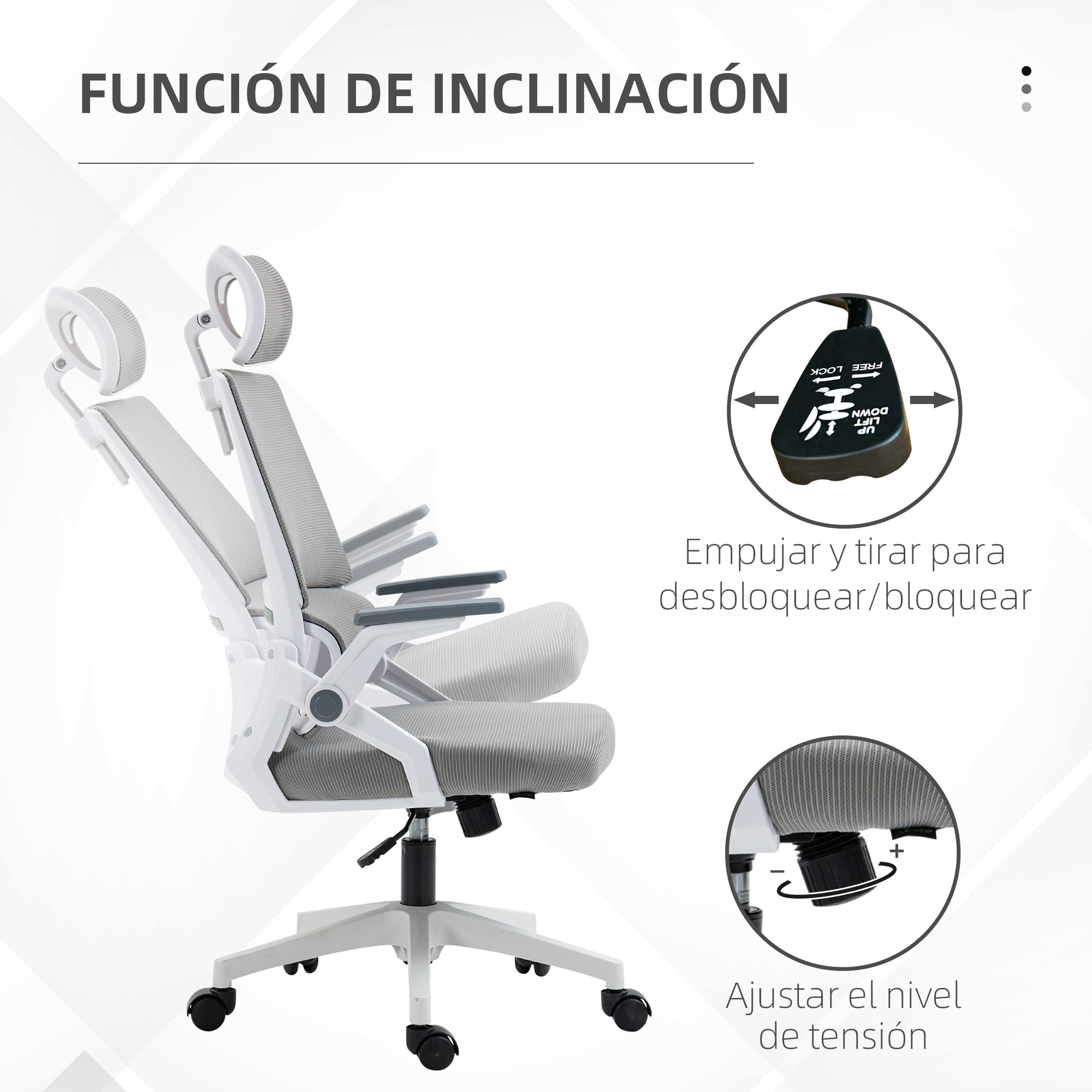 Silla de Oficina de Malla con Función de Basculante Silla de Escritorio Giratorio Altura Reposacabezas Ajustable y Reposabrazos Carga 120 kg para Estudio 58x61x102-119 cm Gris