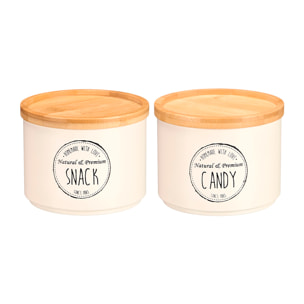 Pack 2 tarros crema apilables con tapa de bambú. Diseños surtidos "Snack" y "Candy".