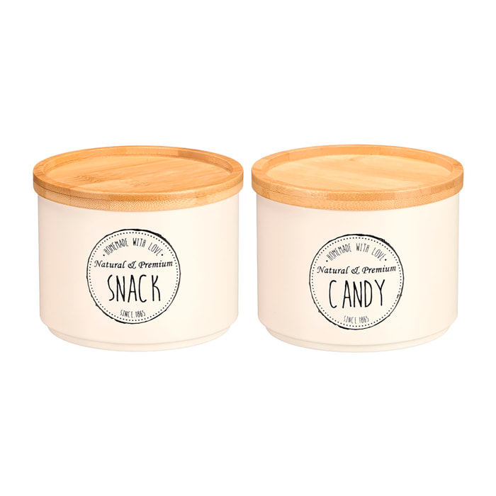 Pack 2 tarros crema apilables con tapa de bambú. Diseños surtidos "Snack" y "Candy".