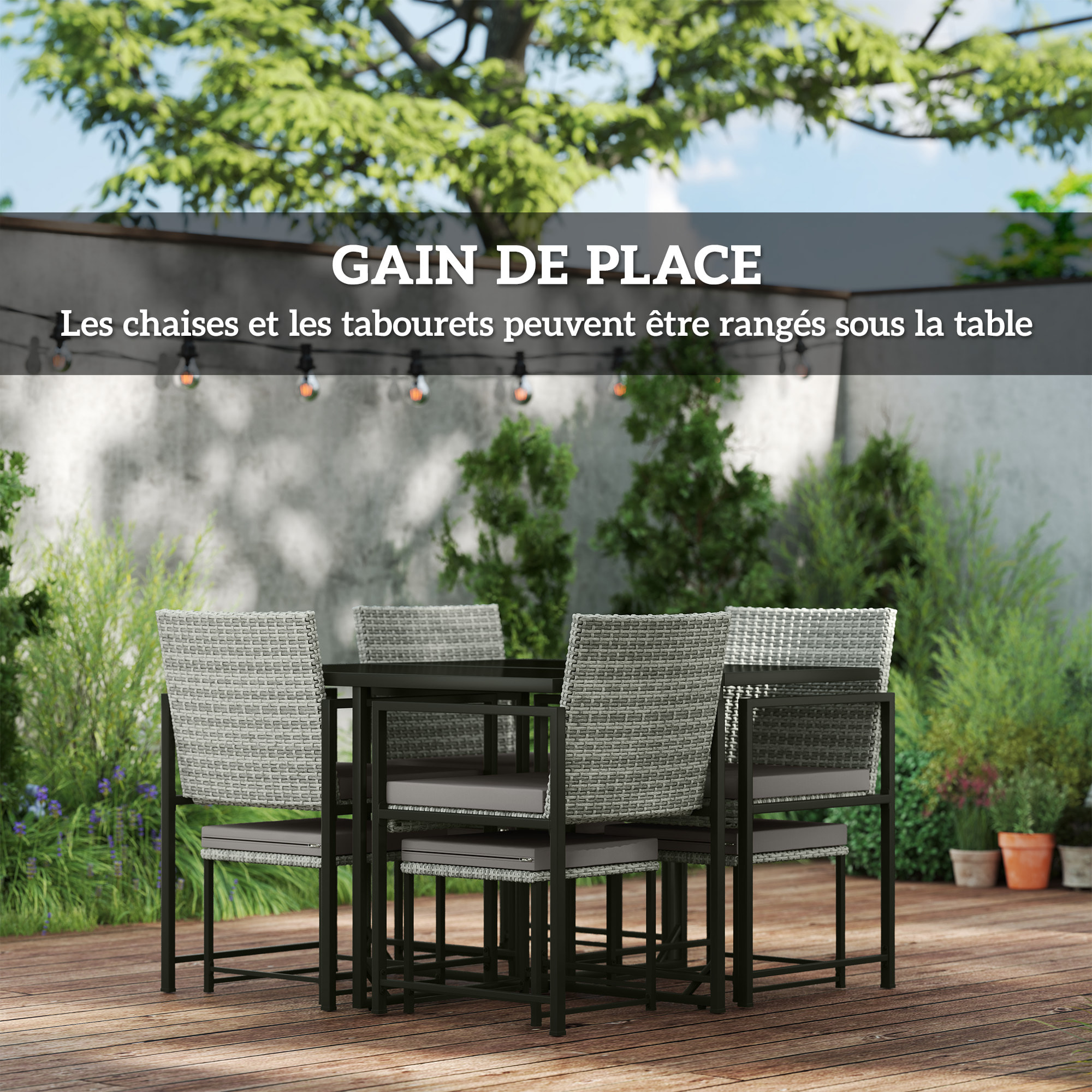 Ensemble salon de jardin 8 places 9 pièces - 4 fauteuils, 4 tabourets, table à manger - acier résine tressée gris
